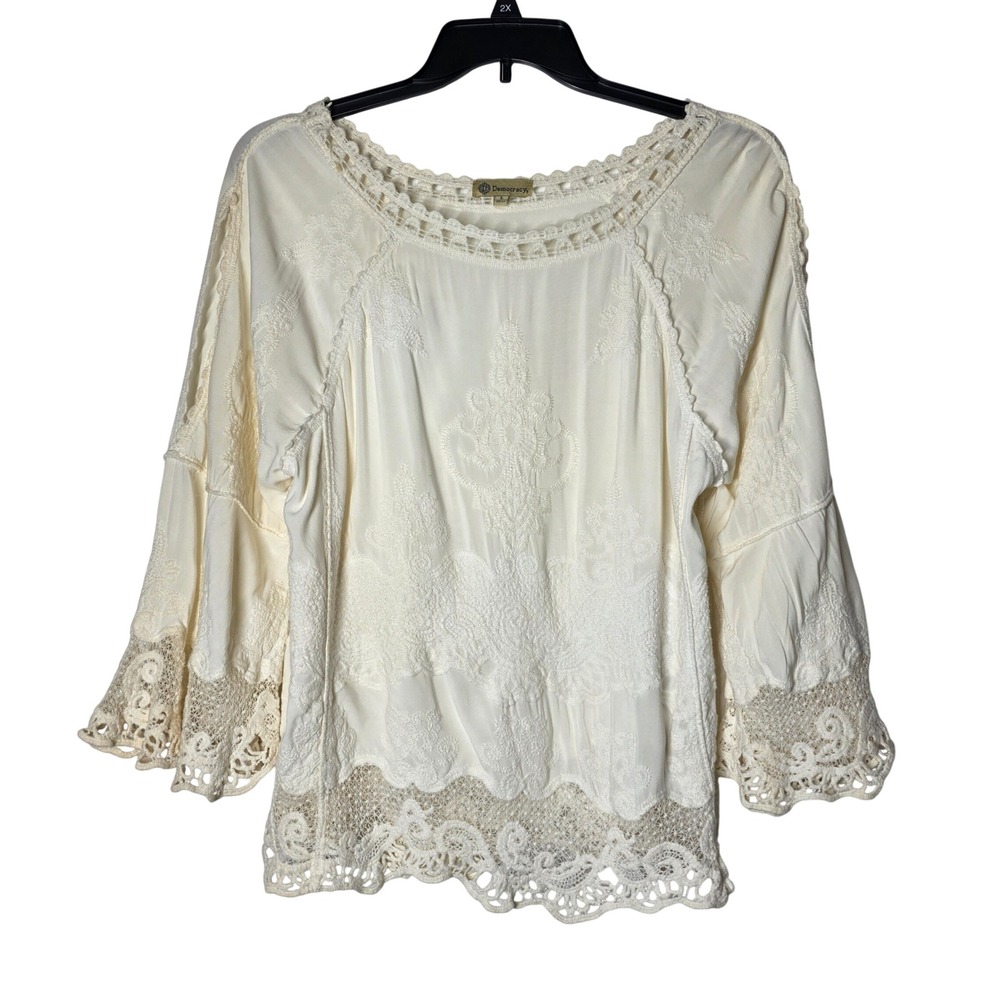 Democracy Embroidered Lace Bell Sleeve Blouse Ivory Boho Peasant Top Large